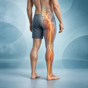 Anatomski prikaz ishiadičnega živca, ki poteka iz ledvenega dela hrbtenice skozi zadnjico po nogi.