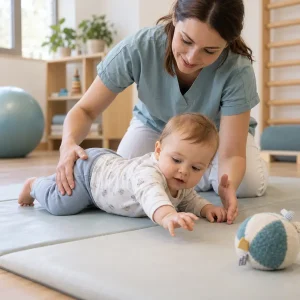 Fizioterapevtka med nevrofizioterapevtsko obravnavo nežno usmerja gibanje dojenčka na terapevtski podlagi.