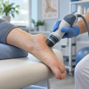 Fizioterapevt izvaja terapijo z udarnimi valovi na peti odrasle osebe. Reha Medical